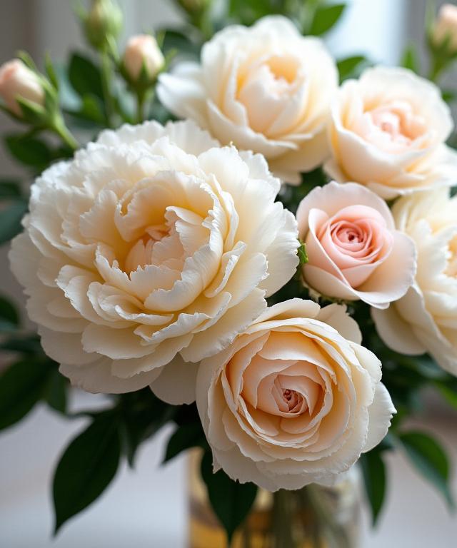 Una lussuosa composizione floreale con rose e peonie.