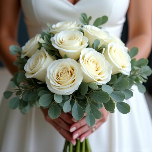 Bouquet da sposa con rose bianche e eucalipto.