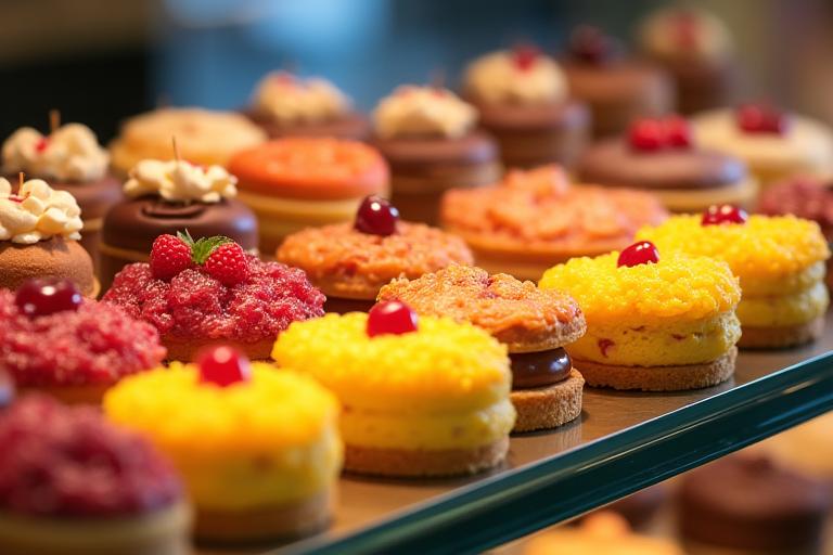 Vetrina con un assortimento di pasticcini colorati.