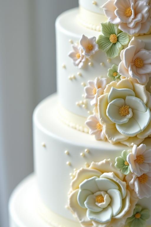 Dettaglio di una torta nuziale a più piani con decorazioni floreali in zucchero.
